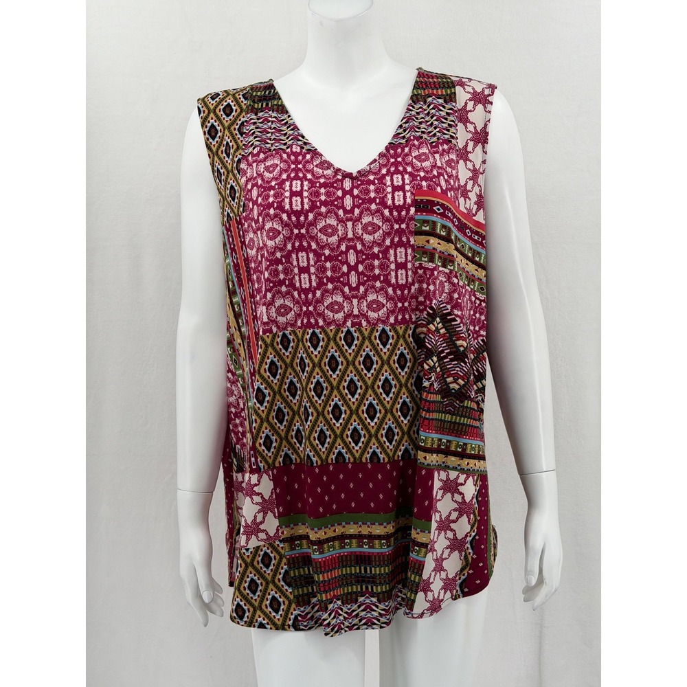 Jones Studio Top Womens 1X Red Boho Patchwork V-Neck Tunic Sleeveless Stretch